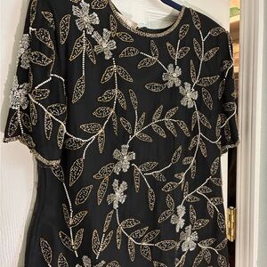 Laurence Kazar Black Dress with Gold and Silver Beading